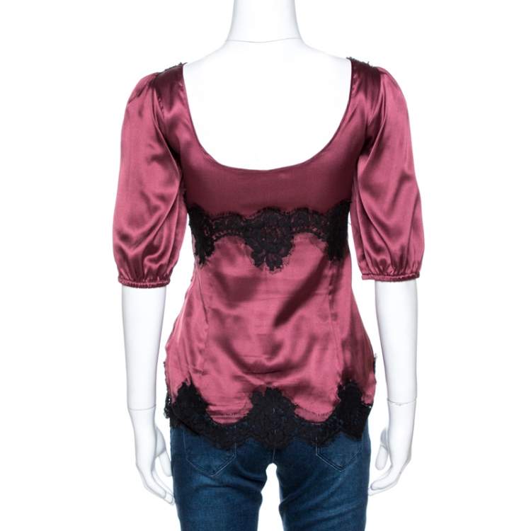 Pre Owned Dolce & Gabbana Burgundy Silk Satin Lace Trim Blouse M