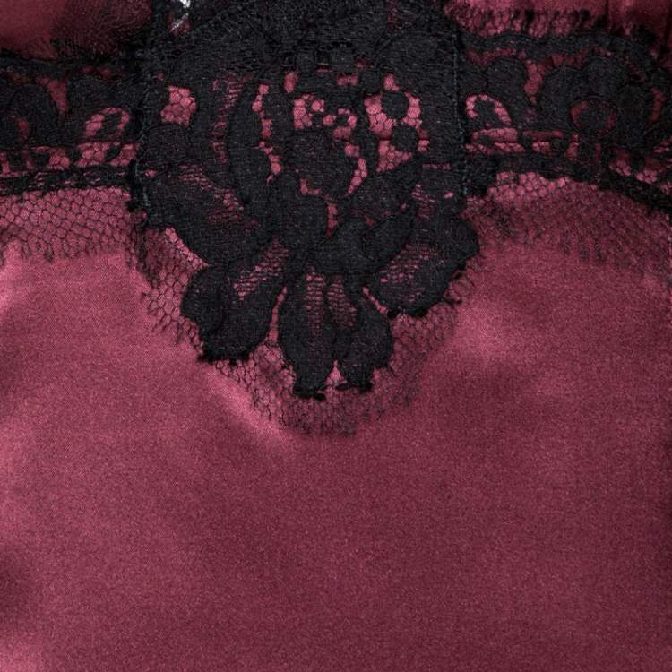Pre Owned Dolce & Gabbana Burgundy Silk Satin Lace Trim Blouse M