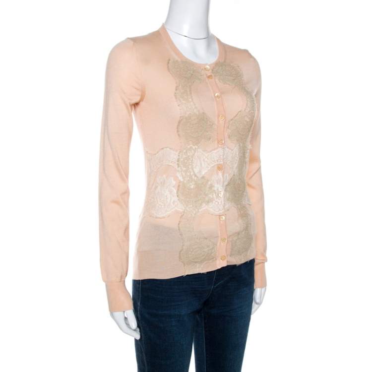 Pre Owned Dolce & Gabbana Light Peach Cashmere Lace Trim Cardigan S