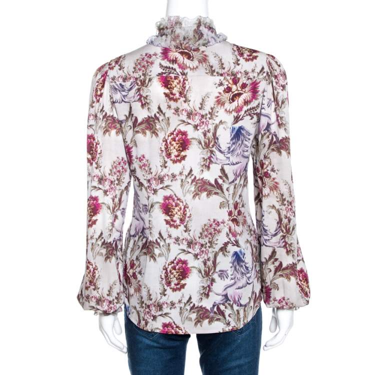 Pre Owned Dolce & Gabbana Grey Floral Print Silk Ruffle Front Blouse M