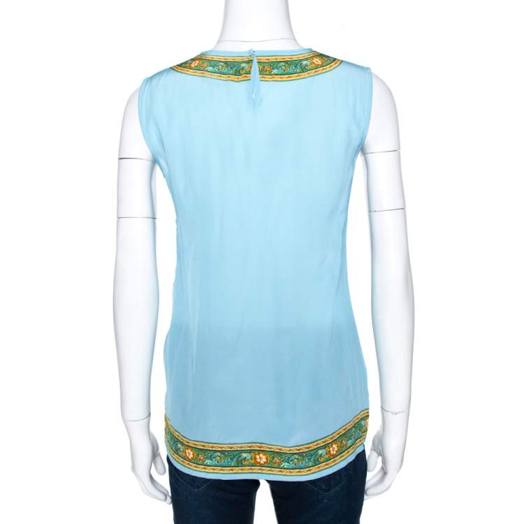 Pre Owned Dolce & Gabbana Powder Blue Silk La Cassata Siciliana Print Sleeveless Blouse XS