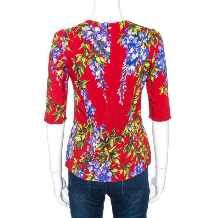 Pre Owned Dolce & Gabbana Red Wisteria Floral Print Crepe Blouse S