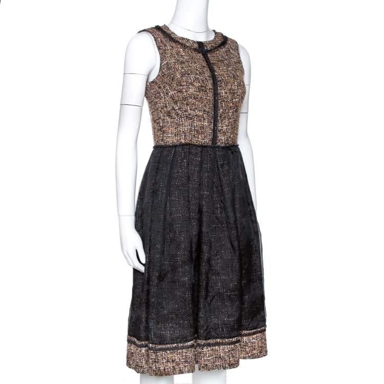 Pre Owned D&G Black and Brown Tweed Silk Overlay Flared Dress XS