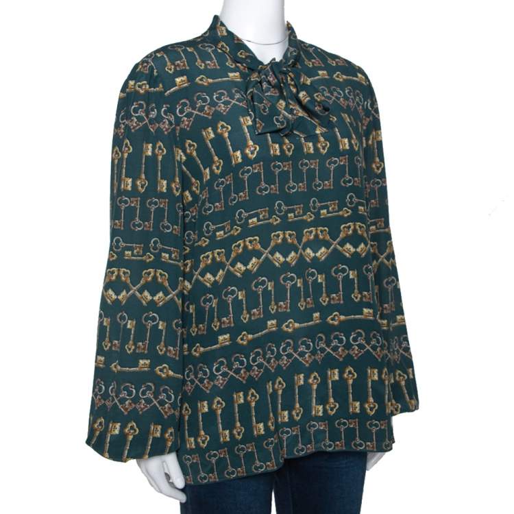 Pre Owned Dolce & Gabbana Green Key Print Silk Neck Tie Detail Blouse L