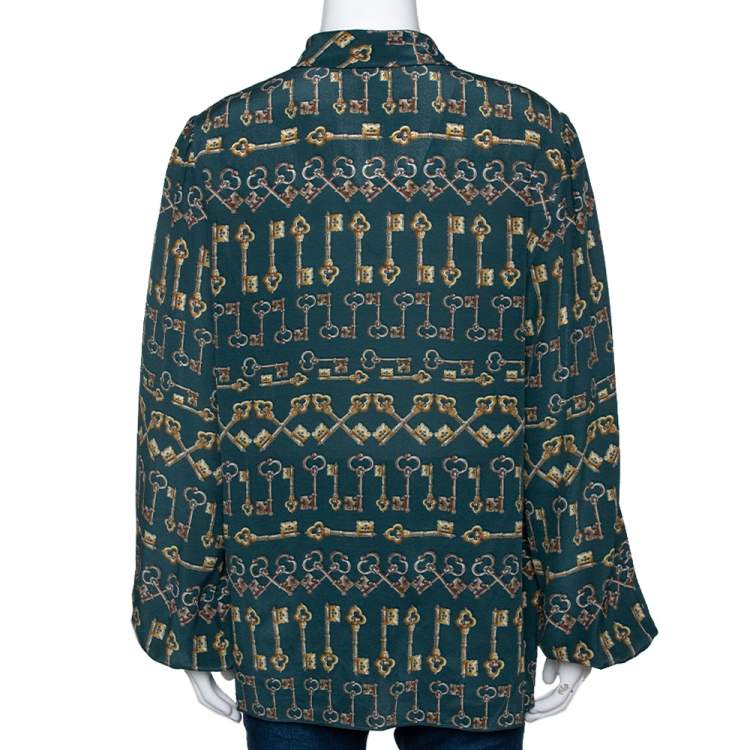 Pre Owned Dolce & Gabbana Green Key Print Silk Neck Tie Detail Blouse L