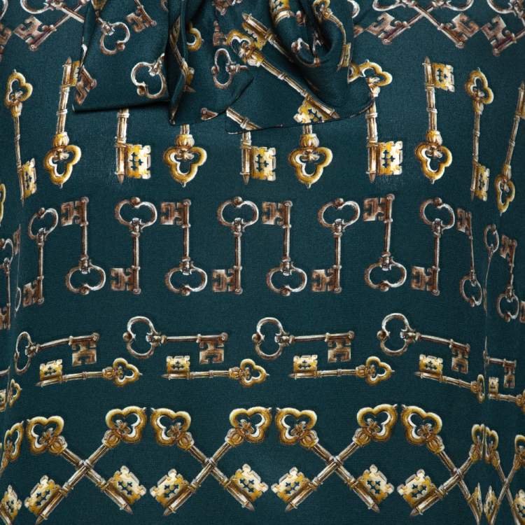 Pre Owned Dolce & Gabbana Green Key Print Silk Neck Tie Detail Blouse L