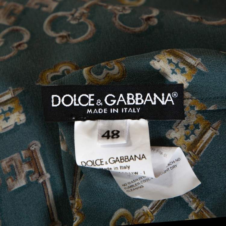 Pre Owned Dolce & Gabbana Green Key Print Silk Neck Tie Detail Blouse L