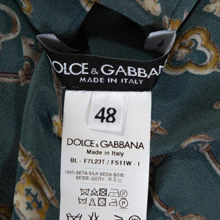 Pre Owned Dolce & Gabbana Green Key Print Silk Neck Tie Detail Blouse L