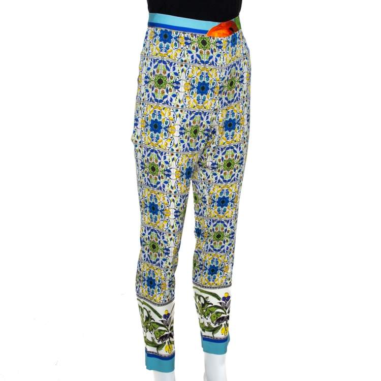 Pre Owned Dolce & Gabbana Multicolor Majolica Print Stretch Silk Trousers L