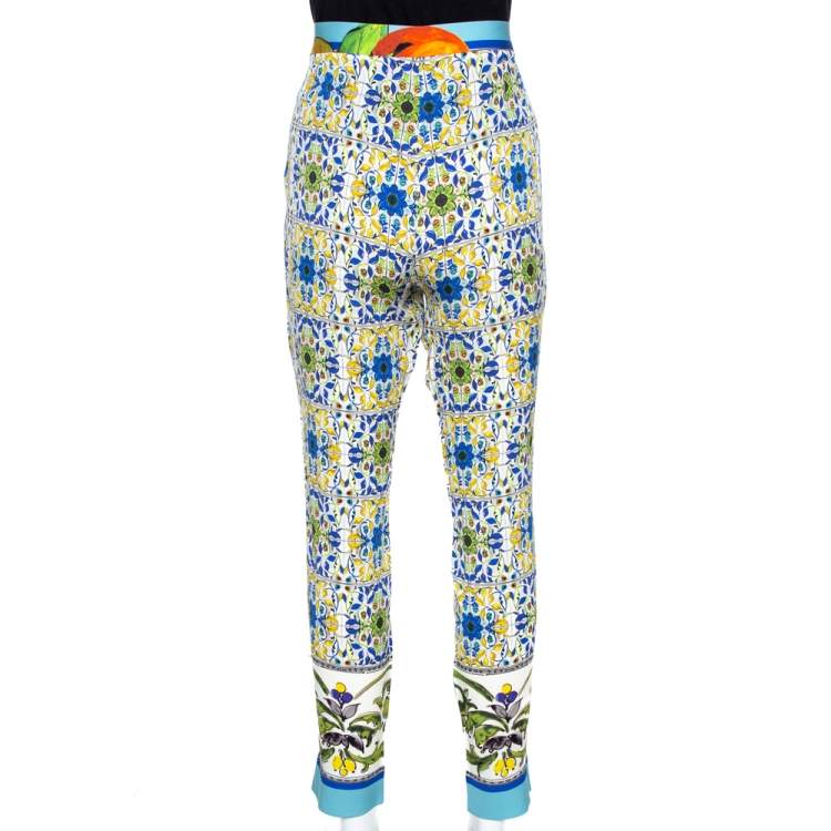 Pre Owned Dolce & Gabbana Multicolor Majolica Print Stretch Silk Trousers L