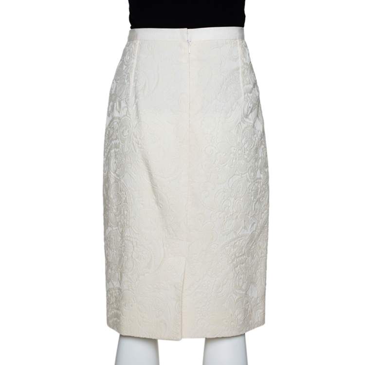 Pre Owned Dolce & Gabbana Cream Floral Embossed Jaqcuard Wool Pencil Skirt M