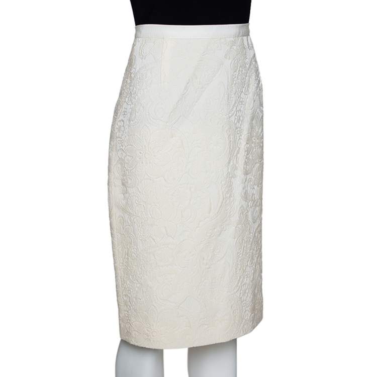 Pre Owned Dolce & Gabbana Cream Floral Embossed Jaqcuard Wool Pencil Skirt M