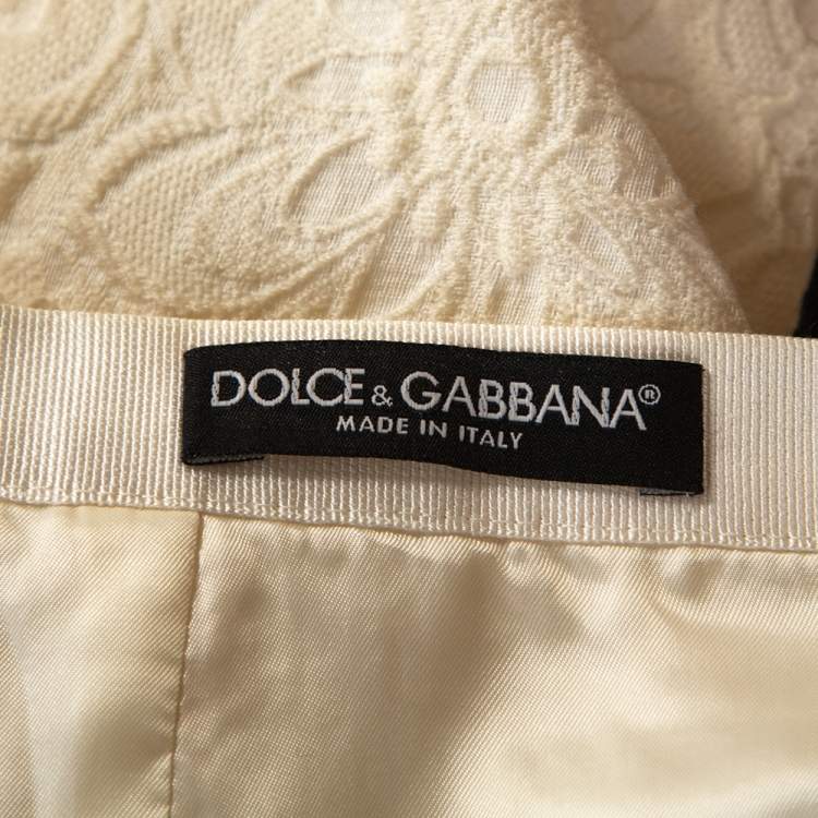 Pre Owned Dolce & Gabbana Cream Floral Embossed Jaqcuard Wool Pencil Skirt M