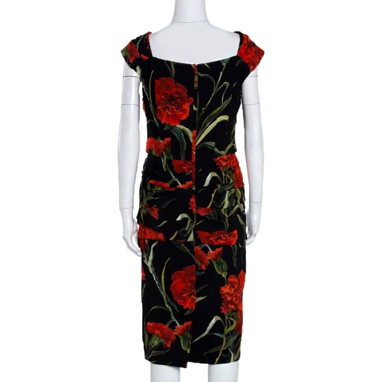 Pre Owned Dolce & Gabbana Black And Red Floral Printed Draped Midi Dress M