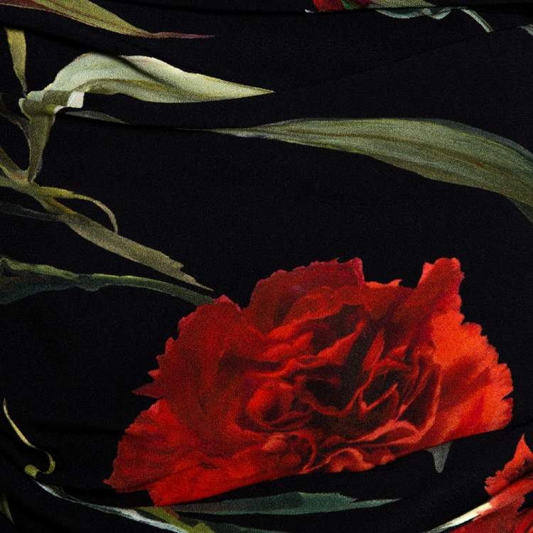 Pre Owned Dolce & Gabbana Black And Red Floral Printed Draped Midi Dress M
