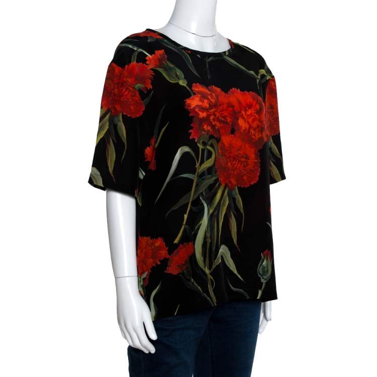 Pre Owned Dolce & Gabbana Black and Red Floral Printed Short Sleeve Top L