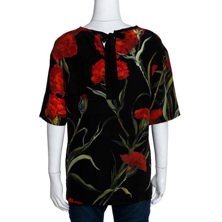 Pre Owned Dolce & Gabbana Black and Red Floral Printed Short Sleeve Top L