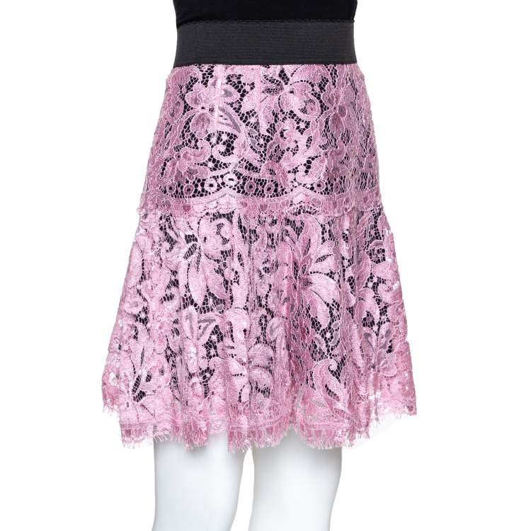 Pre Owned Dolce & Gabbana Black & Pink Corded Lace Mini Skirt M 