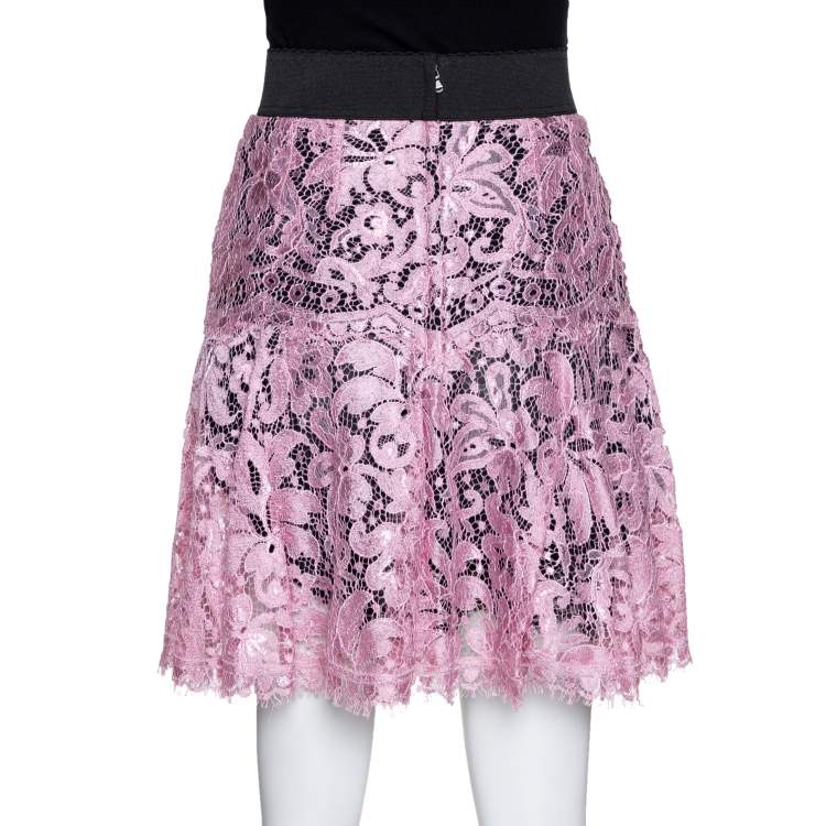 Pre Owned Dolce & Gabbana Black & Pink Corded Lace Mini Skirt M 