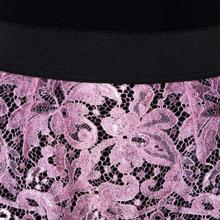 Pre Owned Dolce & Gabbana Black & Pink Corded Lace Mini Skirt M 