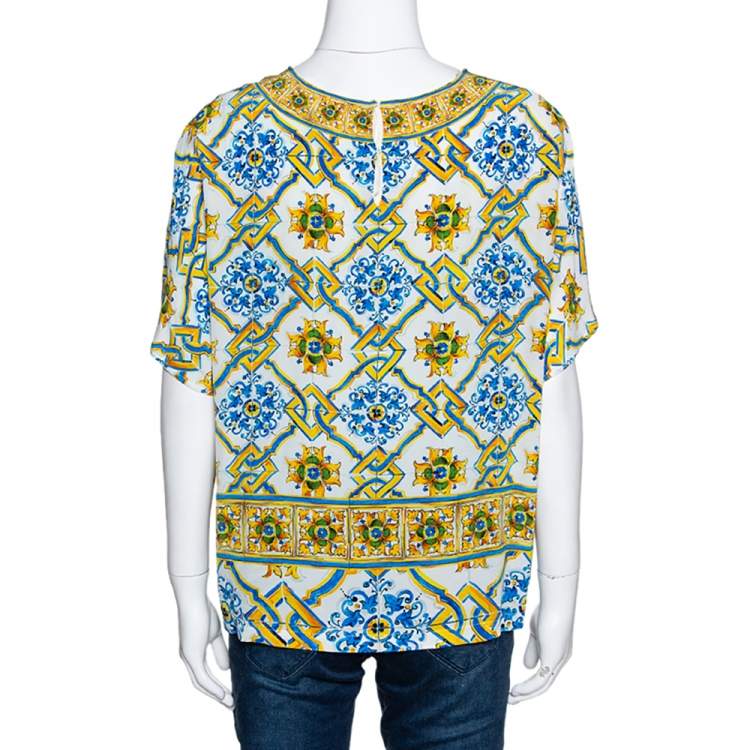 Pre Owned Dolce & Gabbana Multicolor Silk Sicilian Tile Print Top L