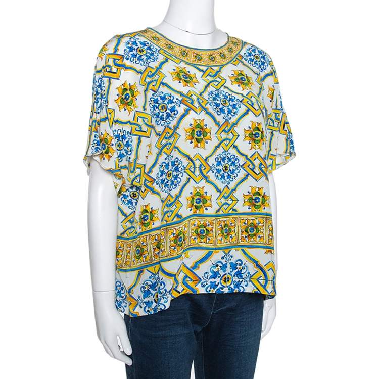 Pre Owned Dolce & Gabbana Multicolor Silk Sicilian Tile Print Top L