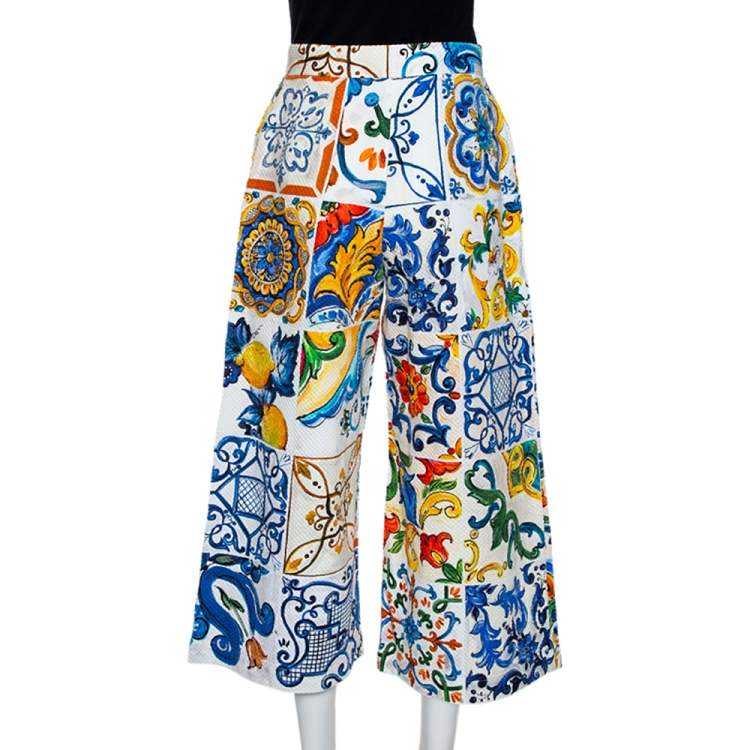 Pre Owned Dolce & Gabbana Multicolor Textured Cotton Majolica Print Cropped Trousers S 