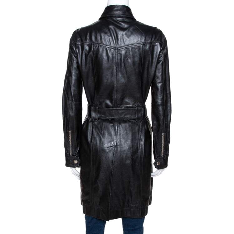 Pre Owned Dolce & Gabbana Black Lamb Leather Belted Trench Coat S
