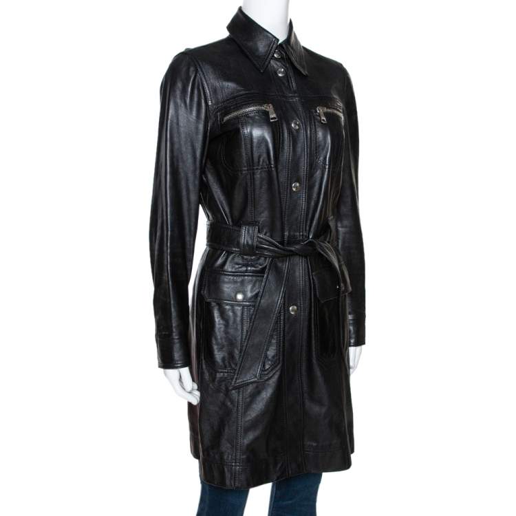 Pre Owned Dolce & Gabbana Black Lamb Leather Belted Trench Coat S