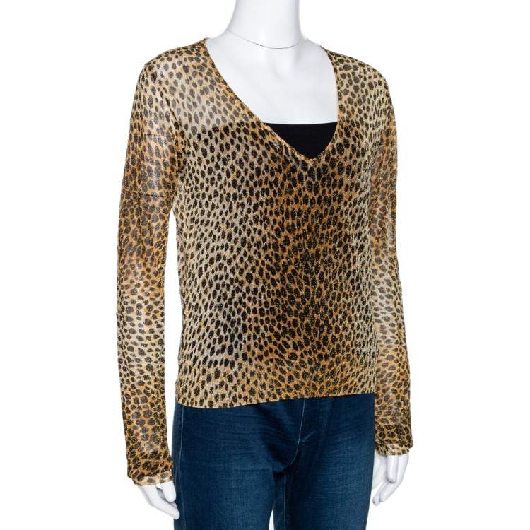 Pre Owned Dolce & Gabbana Leopard Print Lurex Knit Sheer Fitted Top L