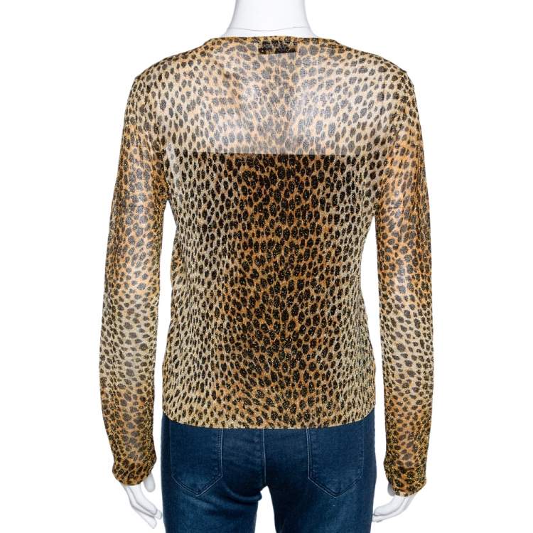 Pre Owned Dolce & Gabbana Leopard Print Lurex Knit Sheer Fitted Top L