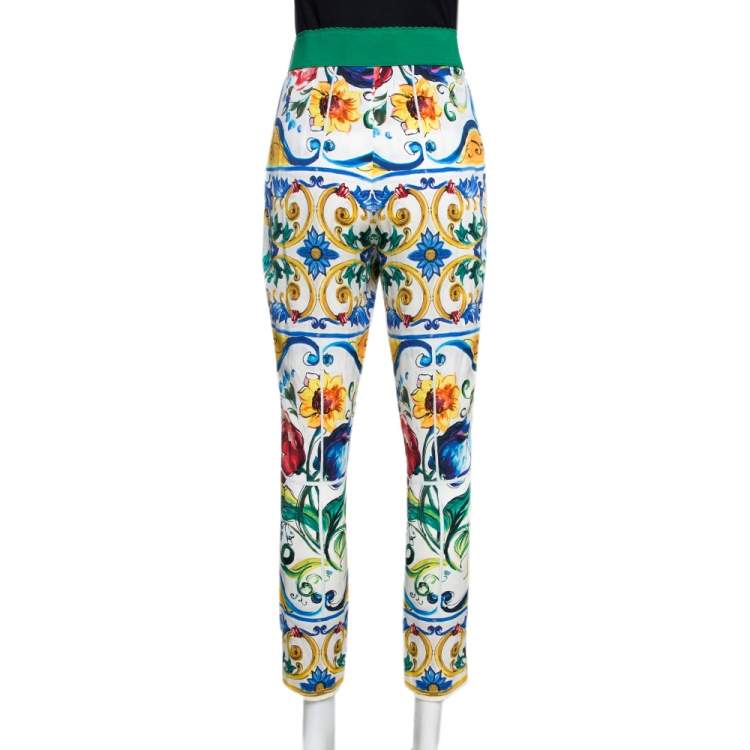 Pre Owned Dolce & Gabbana Majolica Printed Silk Elasticized Waist Skinny Pants L