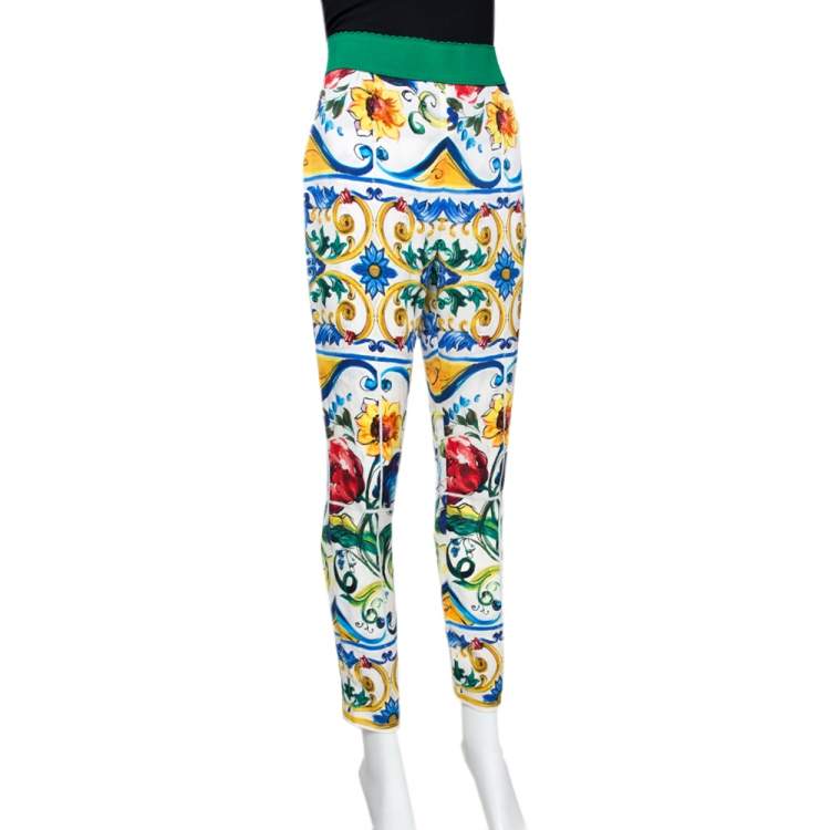 Pre Owned Dolce & Gabbana Majolica Printed Silk Elasticized Waist Skinny Pants L