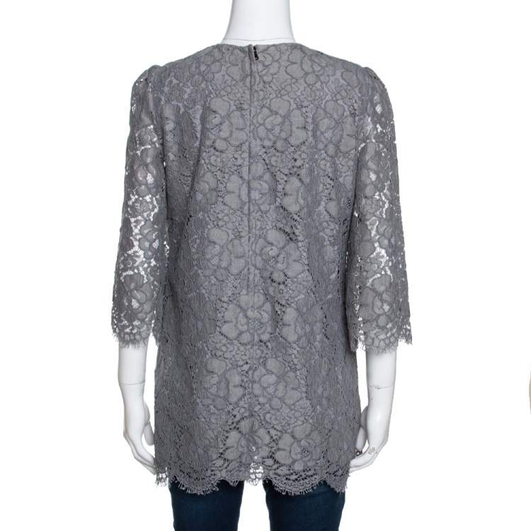 Pre Owned Dolce & Gabbana Grey Floral Corded Lace Three Quarter Sleeve Top M 