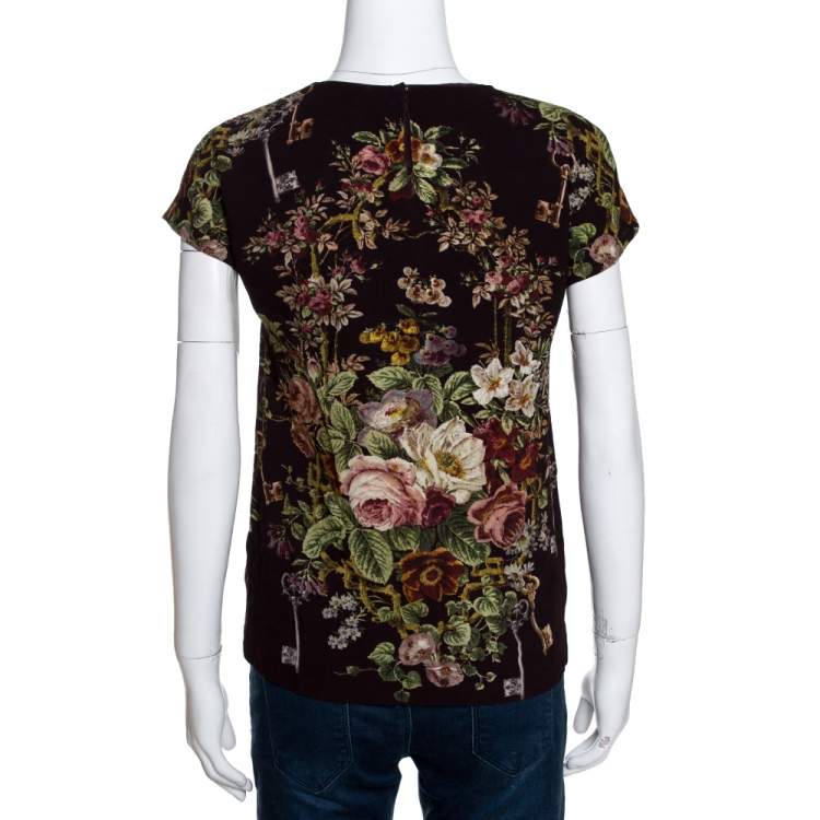 Pre Owned Dolce & Gabbana Brown Crepe Key Print Short Sleeve Top XS