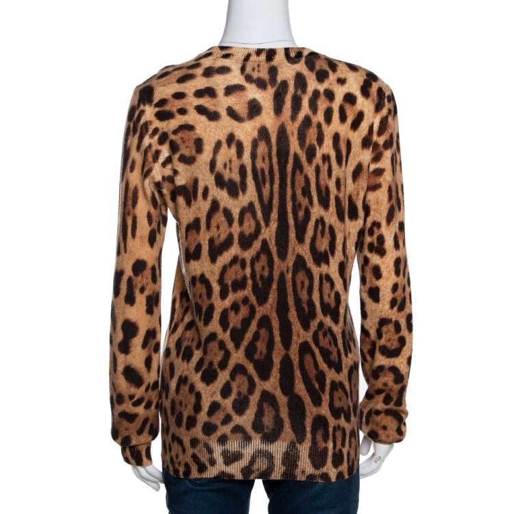 Pre Owned Dolce & Gabbana Beige Cashmere Leopard Print V Neck Sweater L 