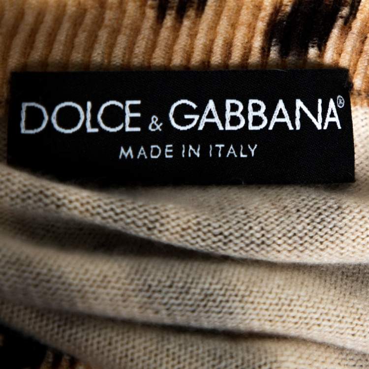 Pre Owned Dolce & Gabbana Beige Cashmere Leopard Print V Neck Sweater L 