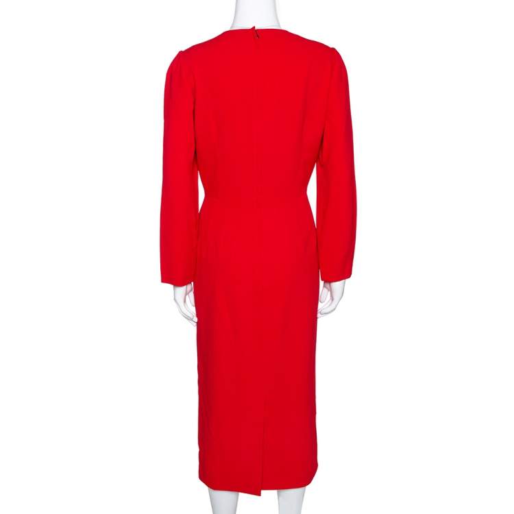 Pre Owned Dolce & Gabbana Red Crepe Heart Logo Embellished Dress L