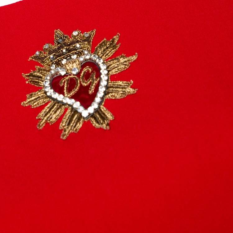 Pre Owned Dolce & Gabbana Red Crepe Heart Logo Embellished Dress L