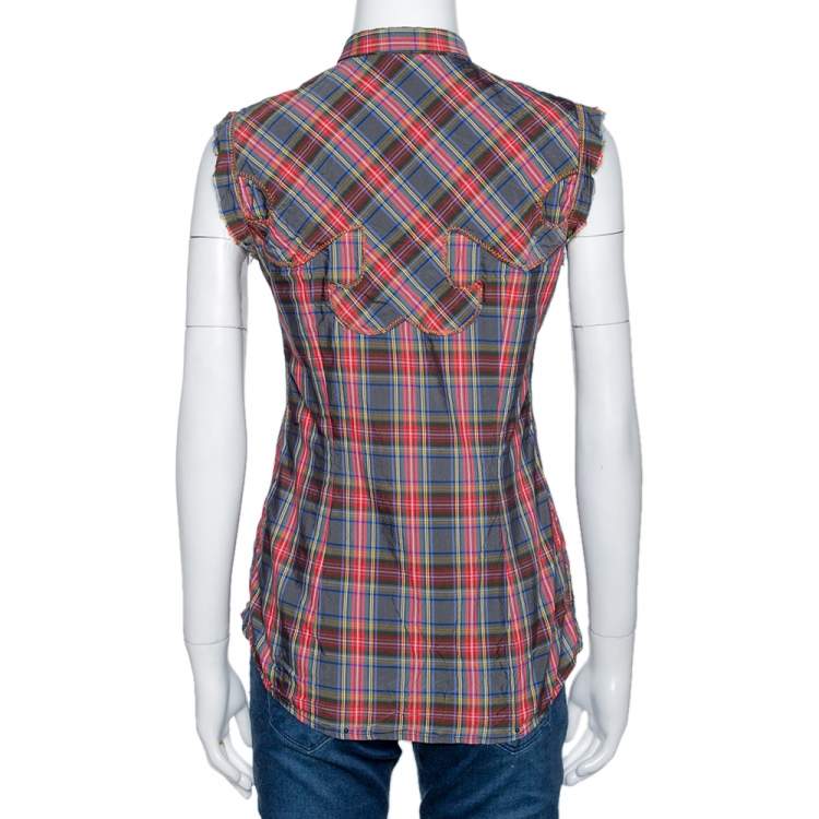 Pre Owned Dolce & Gabbana Grey & Red Plaid Cotton Sleeveless Button Front Shirt S