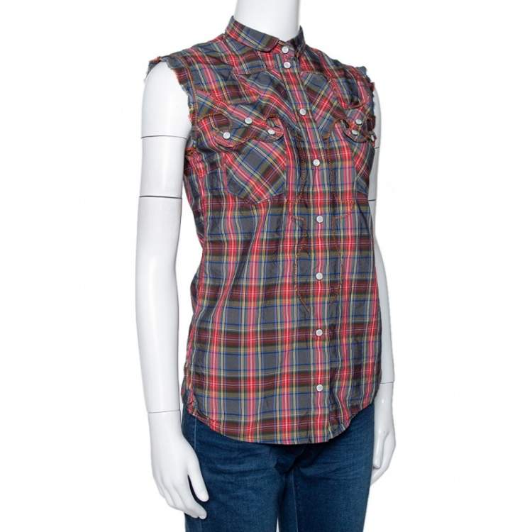 Dolce & Gabbana Grey & Red Plaid Cotton Sleeveless Button Front Shirt S  Dolce & Gabbana | TLC