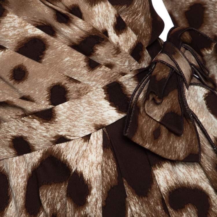 مملوكة مسبقًا Dolce & Gabbana Brown Animal Print Silk Faux Wrap Dress L