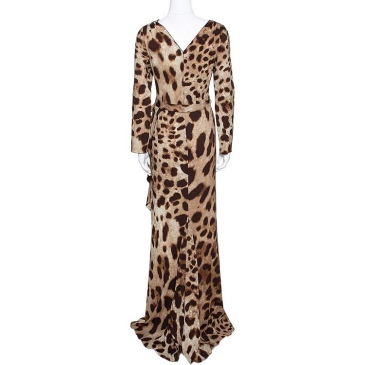 مملوكة مسبقًا Dolce & Gabbana Brown Animal Print Silk Faux Wrap Dress L