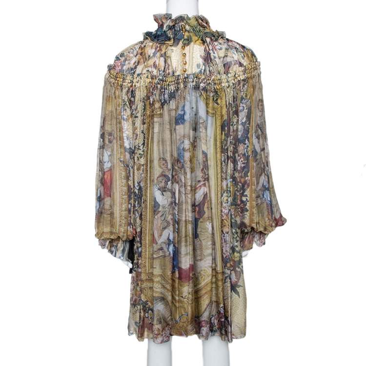 Pre Owned D&G Multicolor Printed Silk Gathered & Ruffled Long Sleeve Tunic M