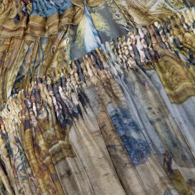 Pre Owned D&G Multicolor Printed Silk Gathered & Ruffled Long Sleeve Tunic M