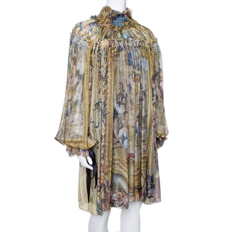 Pre Owned D&G Multicolor Printed Silk Gathered & Ruffled Long Sleeve Tunic M
