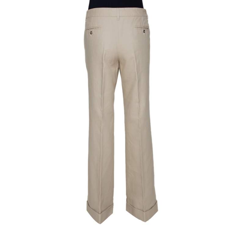 Pre Owned Dolce & Gabbana Beige Cotton Cuffed Hem Flared Pants L