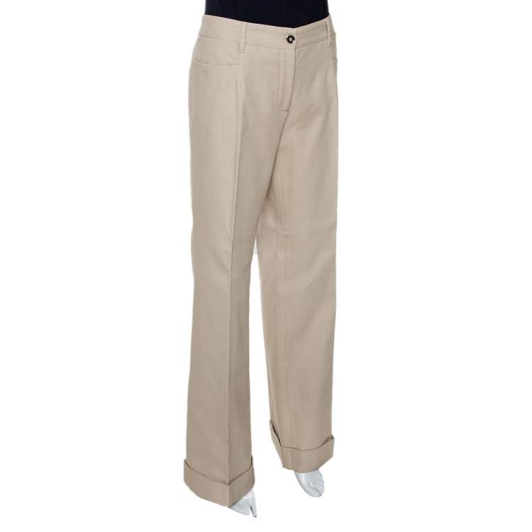 Pre Owned Dolce & Gabbana Beige Cotton Cuffed Hem Flared Pants L