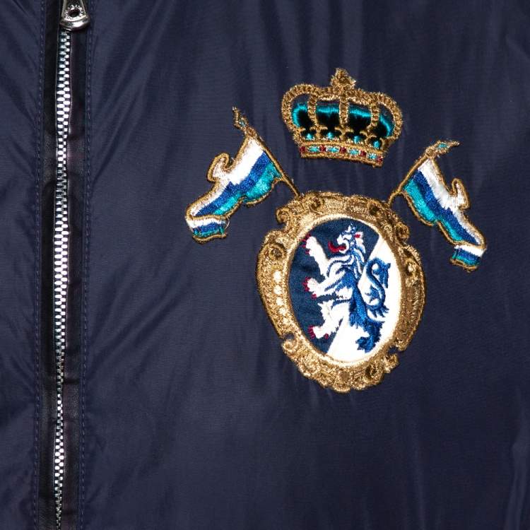 مملوكة مسبقًا Dolce & Gabbana Navy Blue Synthetic & Leather Trim Detail Bomber Jacket XXL