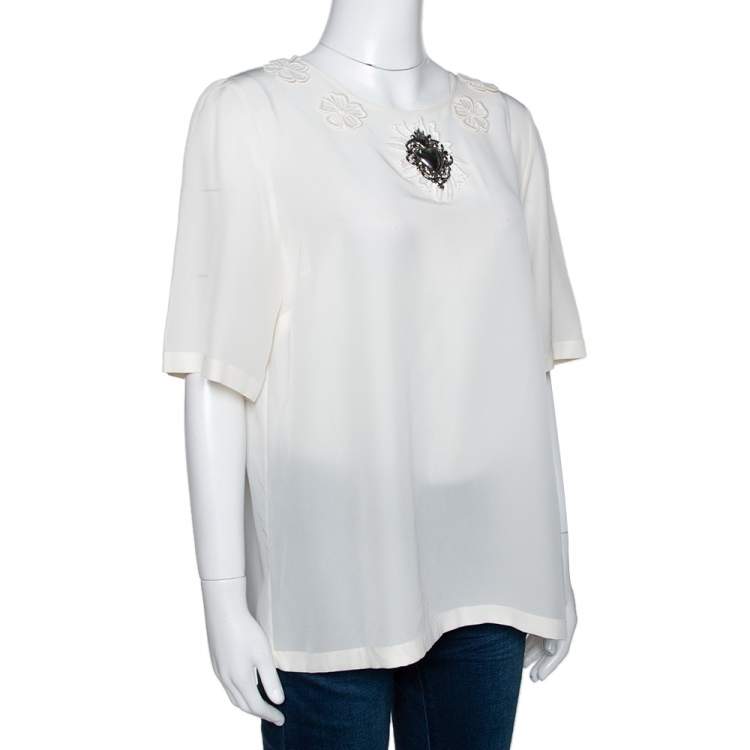 Pre Owned Dolce & Gabbana Cream Silk Floral Applique Sacred Heart Top L